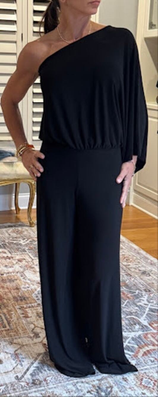 Black One Shoulder Asymmetric Kimono Sleeve Wide Leg Jumpsuit Evening Chic